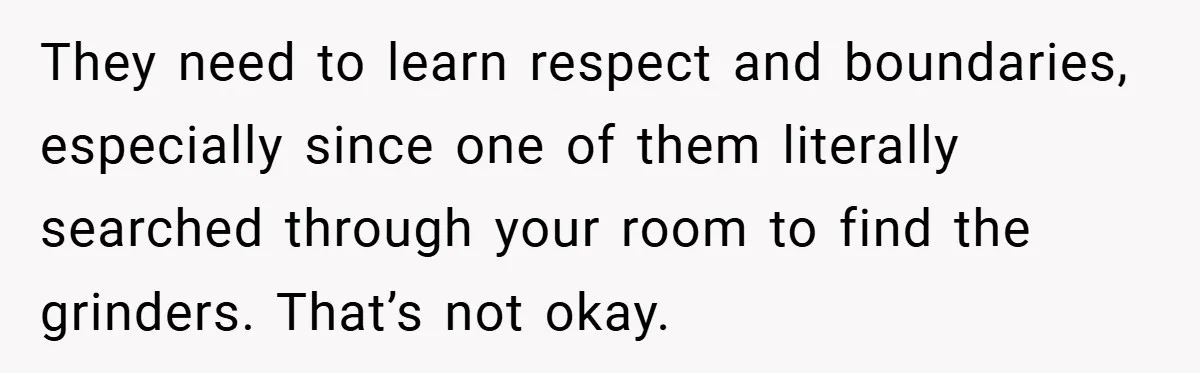 They need to learn respect and boundaries, especially since one of them literally searched through your room to find the grinders. That’s not okay.