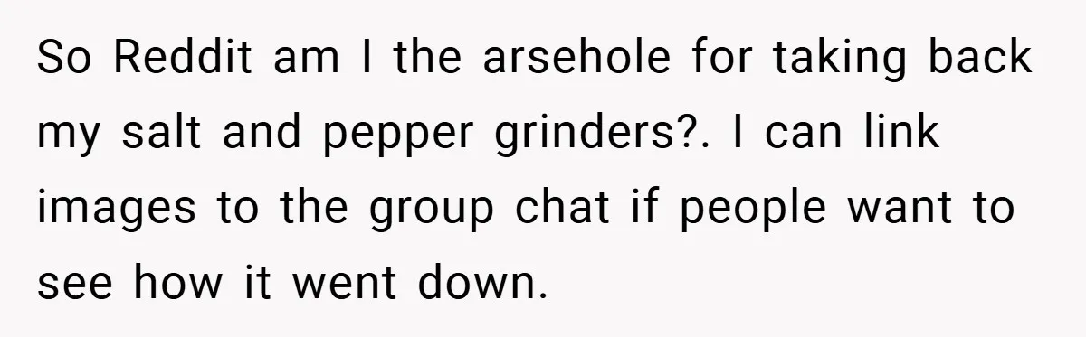 So Reddit am I the arsehole for taking back my salt and pepper grinders?. I can link images to the group chat if people want to see how it went...