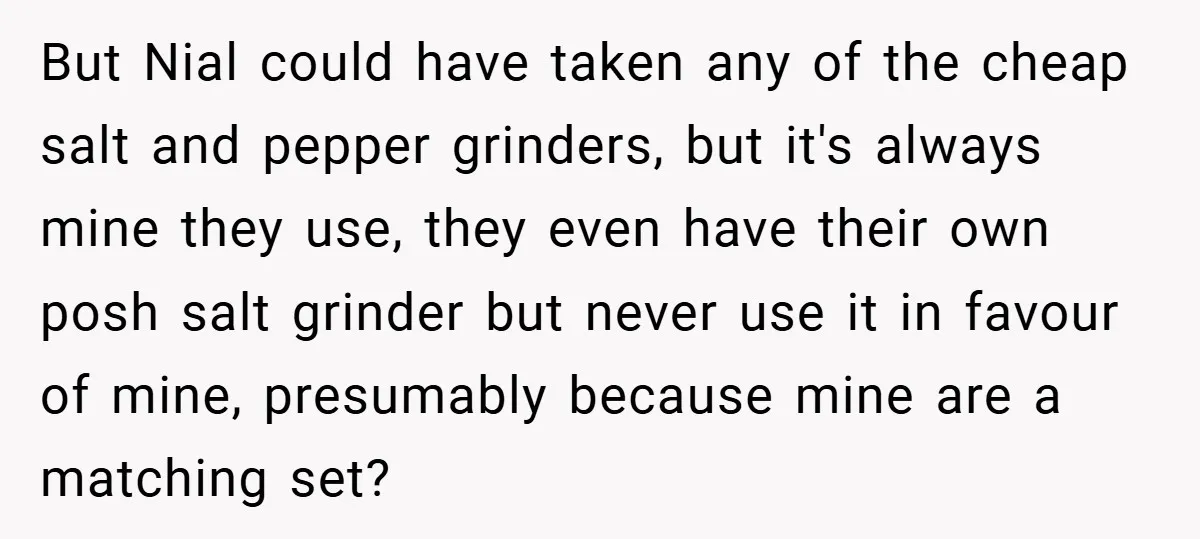 But Nial could have taken any of the cheap salt and pepper grinders, but it's always mine they use, they even have their own posh salt grinder but never use...