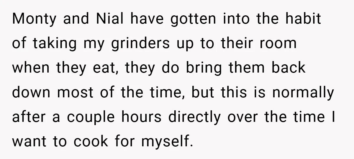 Monty and Nial have gotten into the habit of taking my grinders up to their room when they eat, they do bring them back down most of the time, but...