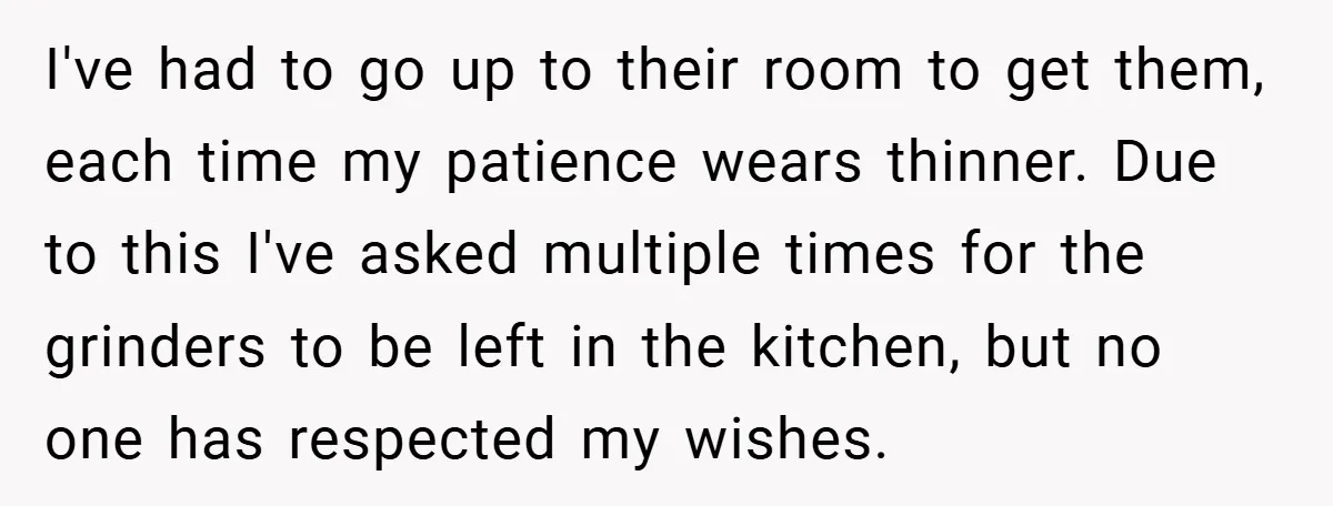 I've had to go up to their room to get them, each time my patience wears thinner. Due to this I've asked multiple times for the grinders to be left...