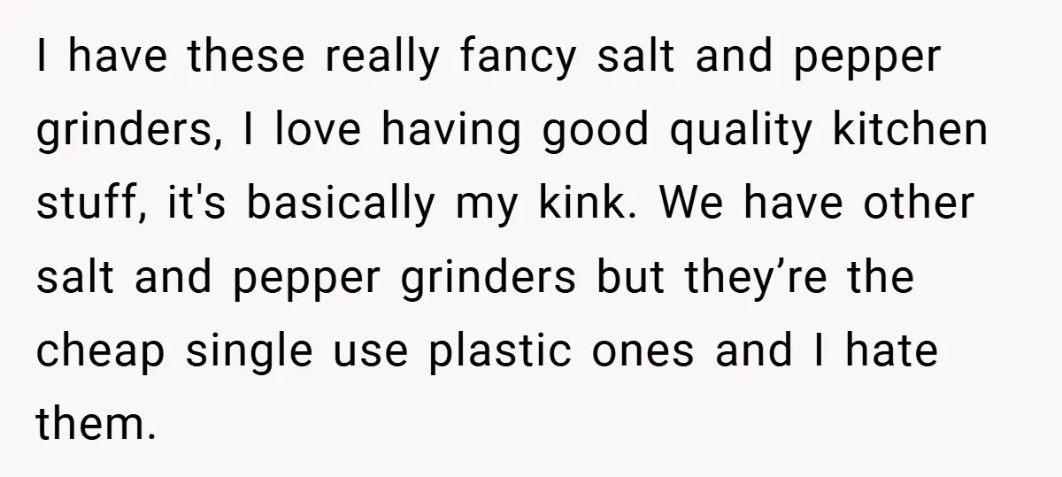 I have these really fancy salt and pepper grinders, I love having good quality kitchen stuff, it's basically my kink. We have other salt and pepper grinders but they’re the...