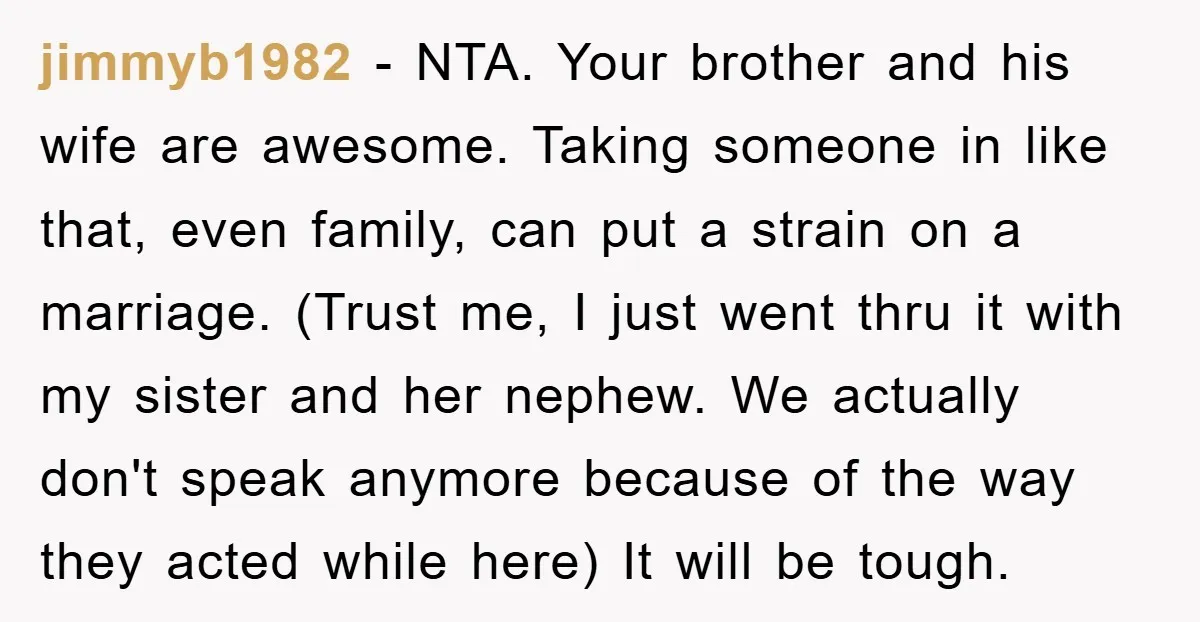 jimmyb1982 − NTA. Your brother and his wife are awesome. Taking someone in like that, even family, can put a strain on a marriage. (Trust me, I just went thru...