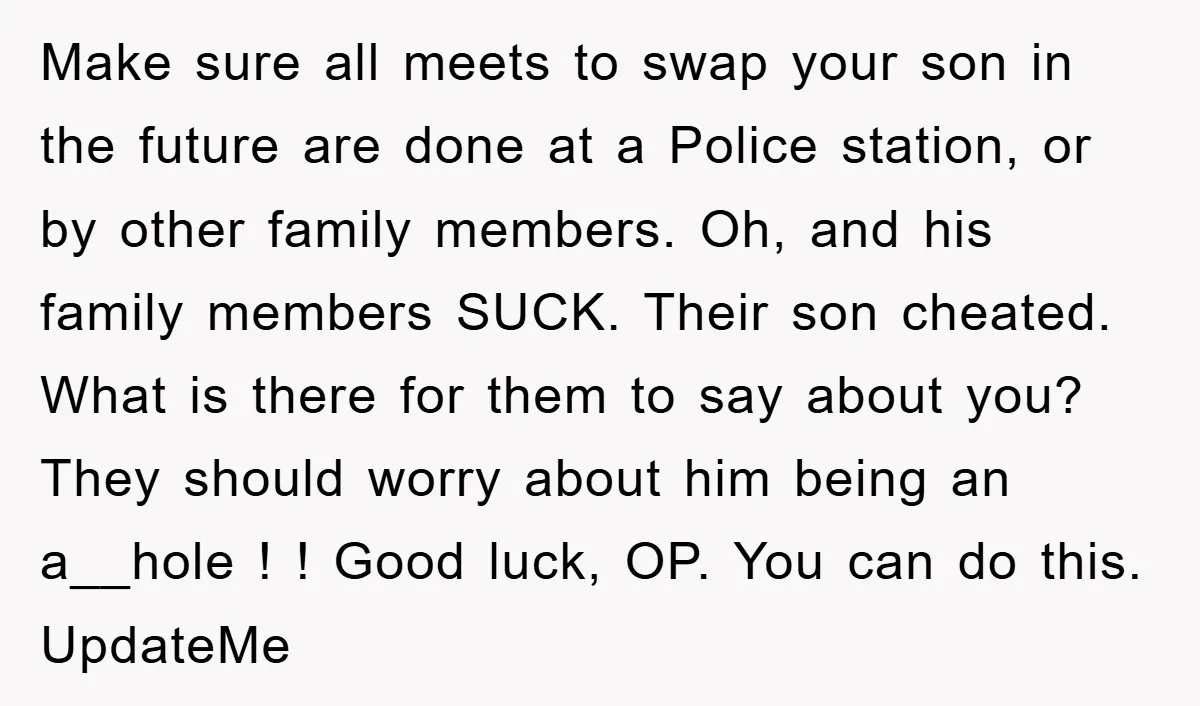 Make sure all meets to swap your son in the future are done at a Police station, or by other family members. Oh, and his family members SUCK. Their son...