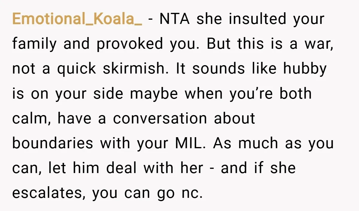 Emotional_Koala_ − NTA she insulted your family and provoked you. But this is a war, not a quick skirmish. It sounds like hubby is on your side maybe when you’re...