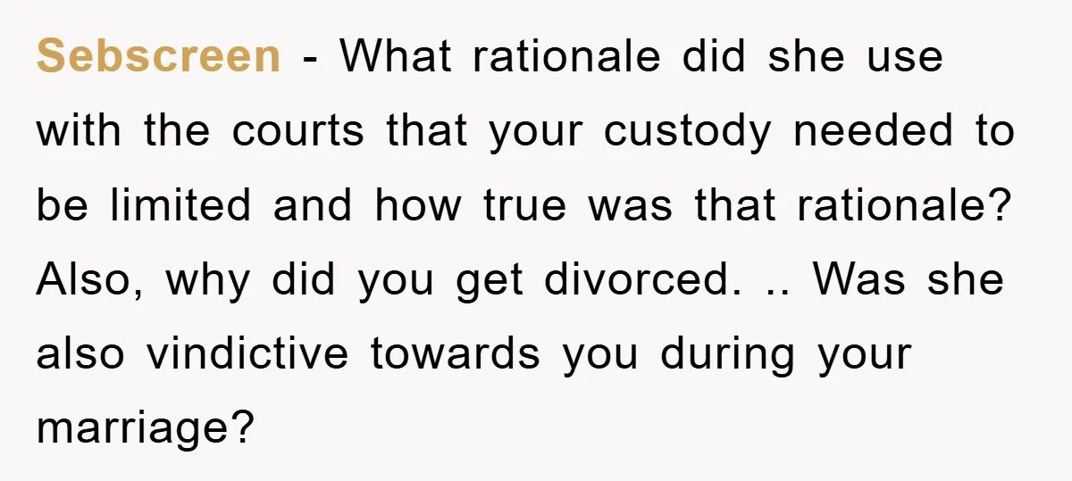 Sebscreen − What rationale did she use with the courts that your custody needed to be limited and how true was that rationale? Also, why did you get divorced. .....