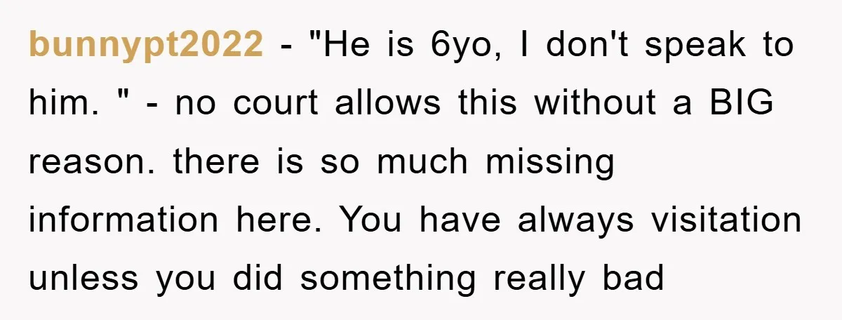 bunnypt2022 − "He is 6yo, I don't speak to him. " - no court allows this without a BIG reason. there is so much missing information here. You have always...