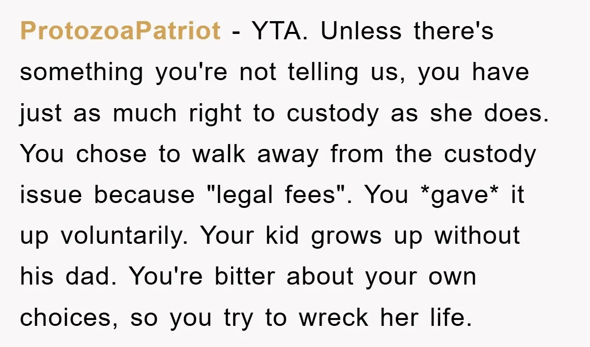 ProtozoaPatriot − YTA. Unless there's something you're not telling us, you have just as much right to custody as she does. You chose to walk away from the custody issue...