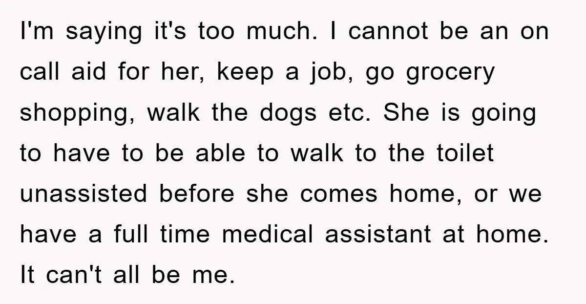 I'm saying it's too much. I cannot be an on call aid for her, keep a job, go grocery shopping, walk the dogs etc. She is going to have to...