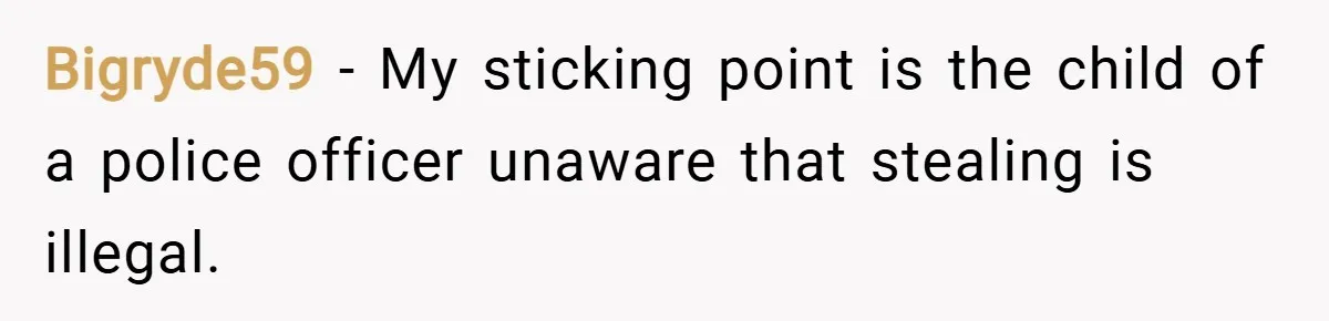 Bigryde59 − My sticking point is the child of a police officer unaware that stealing is illegal.