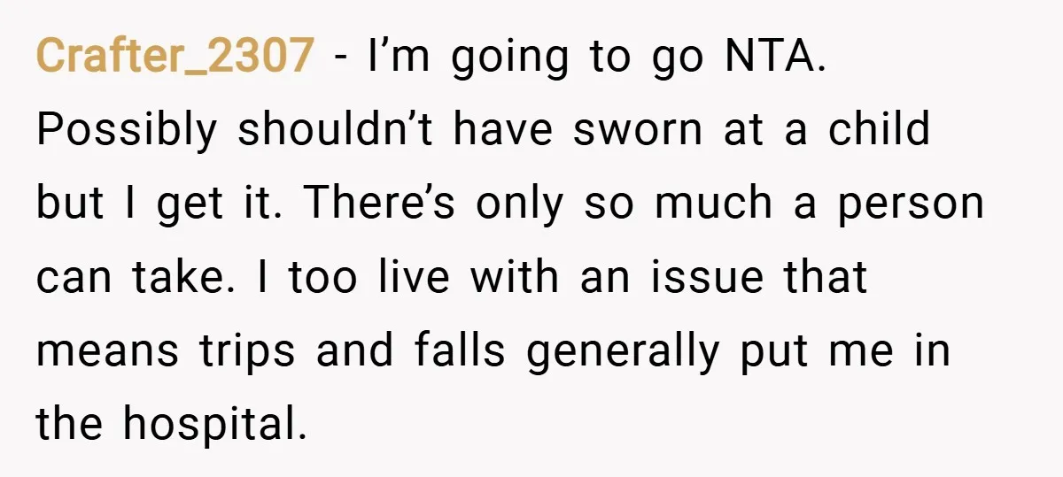 Crafter_2307 − I’m going to go NTA. Possibly shouldn’t have sworn at a child but I get it. There’s only so much a person can take. I too live with...
