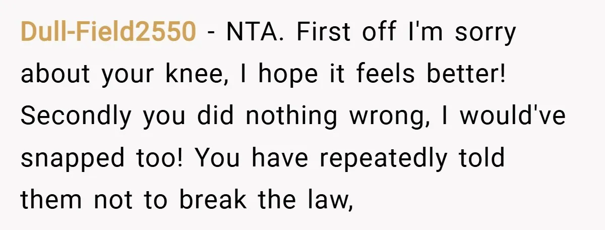 Dull-Field2550 − NTA. First off I'm sorry about your knee, I hope it feels better! Secondly you did nothing wrong, I would've snapped too! You have repeatedly told them not...