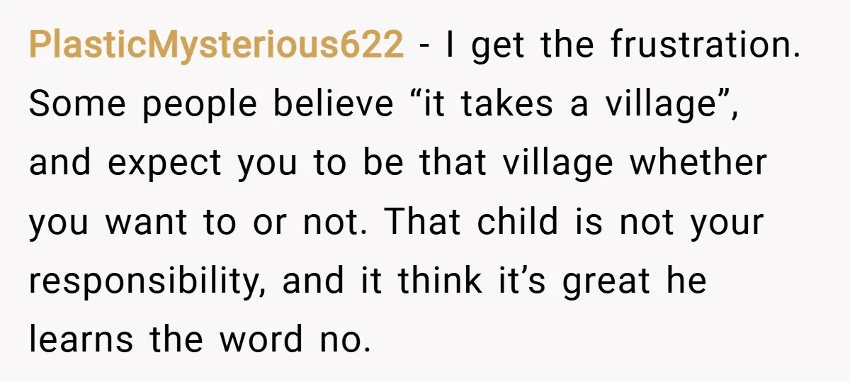 PlasticMysterious622 − I get the frustration. Some people believe “it takes a village”, and expect you to be that village whether you want to or not. That child is not...