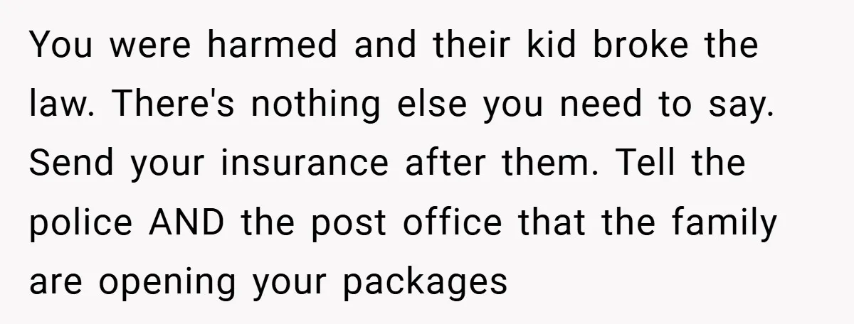 You were harmed and their kid broke the law. There's nothing else you need to say. Send your insurance after them. Tell the police AND the post office that the...