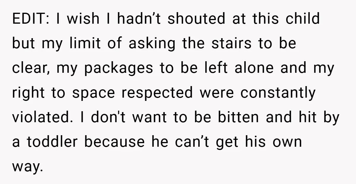 EDIT: I wish I hadn’t shouted at this child but my limit of asking the stairs to be clear, my packages to be left alone and my right to space...