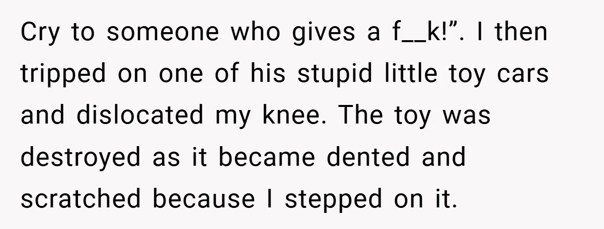 Cry to someone who gives a f__k!”. I then tripped on one of his stupid little toy cars and dislocated my knee. The toy was destroyed as it became dented...
