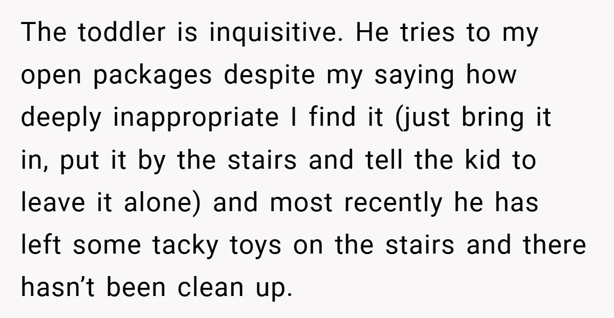 The toddler is inquisitive. He tries to my open packages despite my saying how deeply inappropriate I find it (just bring it in, put it by the stairs and tell...