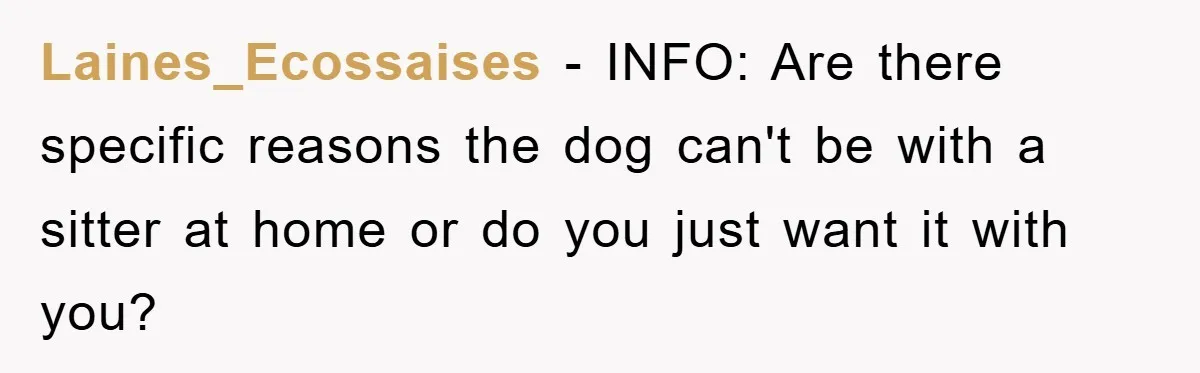 Laines_Ecossaises − INFO: Are there specific reasons the dog can't be with a sitter at home or do you just want it with you?