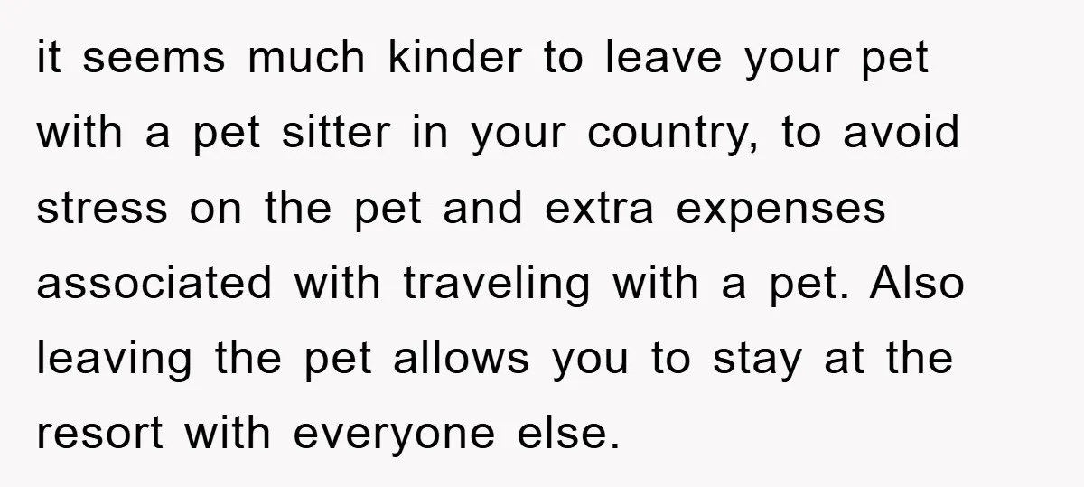 it seems much kinder to leave your pet with a pet sitter in your country, to avoid stress on the pet and extra expenses associated with traveling with a pet....