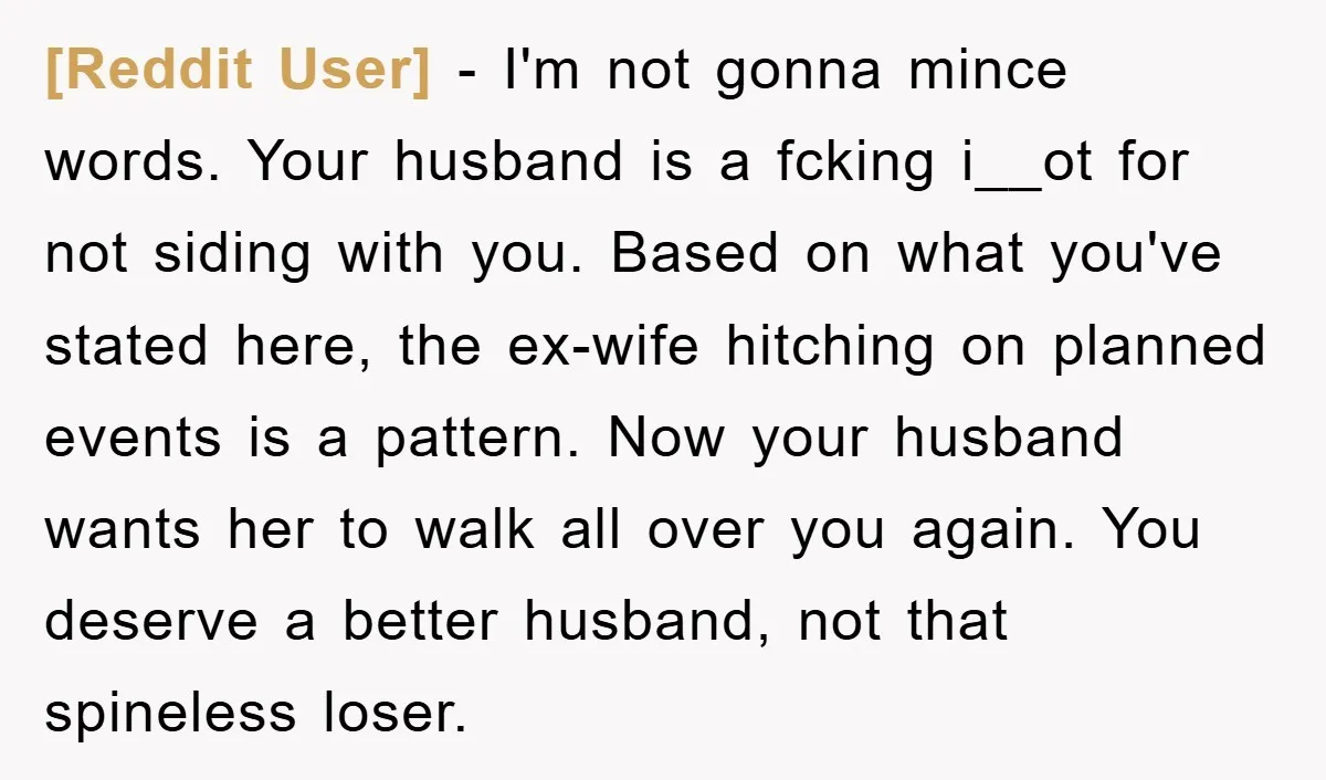 [Reddit User] - I'm not gonna mince words. Your husband is a fcking i__ot for not siding with you. Based on what you've stated here, the ex-wife hitching on planned...