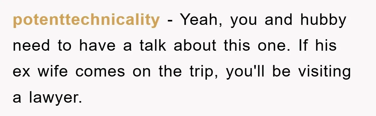 potenttechnicality - Yeah, you and hubby need to have a talk about this one. If his ex wife comes on the trip, you'll be visiting a lawyer.
