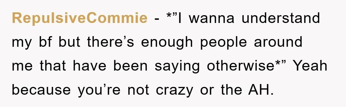 RepulsiveCommie − *”I wanna understand my bf but there’s enough people around me that have been saying otherwise*” Yeah because you’re not crazy or the AH.