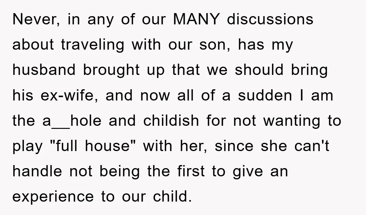 Never, in any of our MANY discussions about traveling with our son, has my husband brought up that we should bring his ex-wife, and now all of a sudden I...
