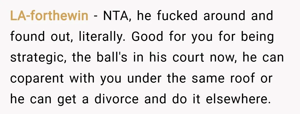 LA-forthewin − NTA, he fucked around and found out, literally. Good for you for being strategic, the ball's in his court now, he can coparent with you under the same...