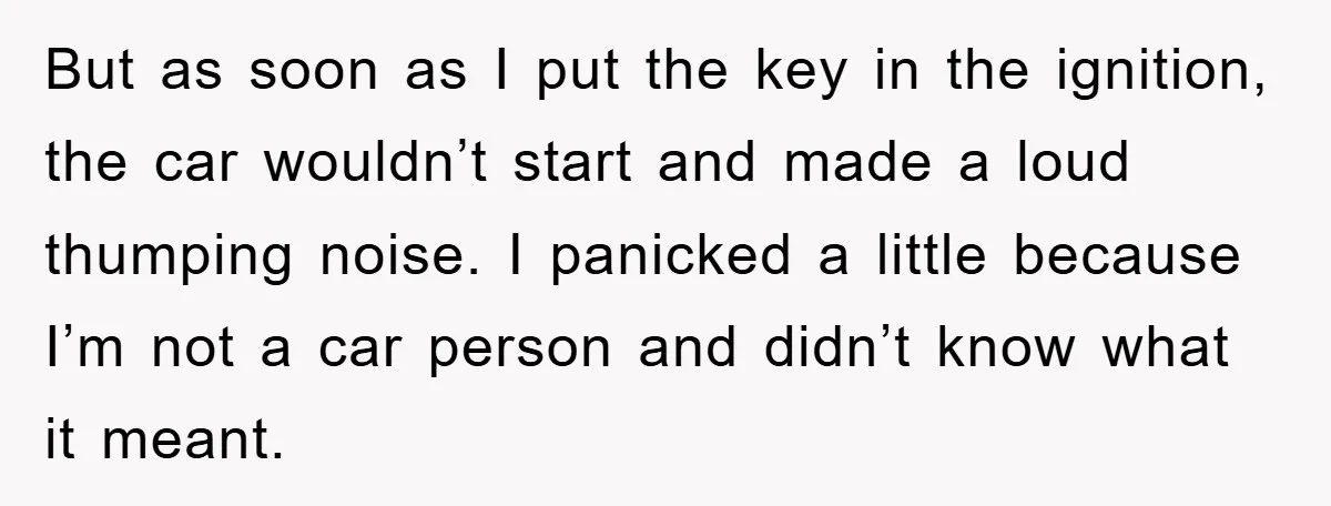 But as soon as I put the key in the ignition, the car wouldn’t start and made a loud thumping noise. I panicked a little because I’m not a car...