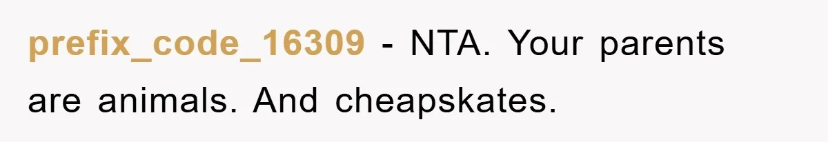 prefix_code_16309 − NTA. Your parents are animals. And cheapskates.