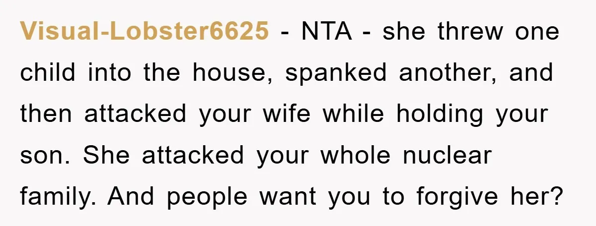 Visual-Lobster6625 − NTA - she threw one child into the house, spanked another, and then attacked your wife while holding your son. She attacked your whole nuclear family. And people...