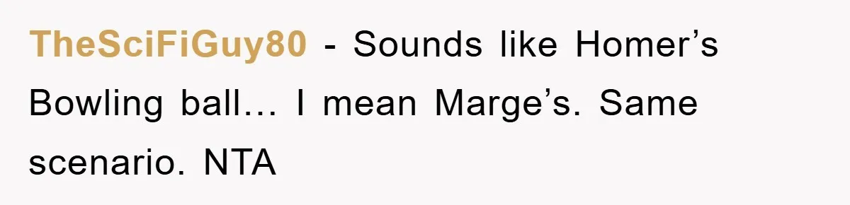TheSciFiGuy80 − Sounds like Homer’s Bowling ball… I mean Marge’s. Same scenario. NTA