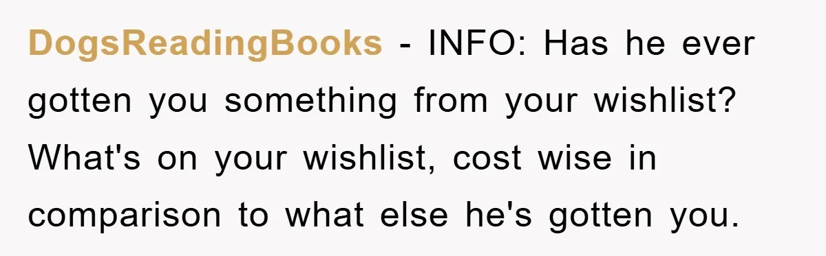 DogsReadingBooks − INFO: Has he ever gotten you something from your wishlist? What's on your wishlist, cost wise in comparison to what else he's gotten you.