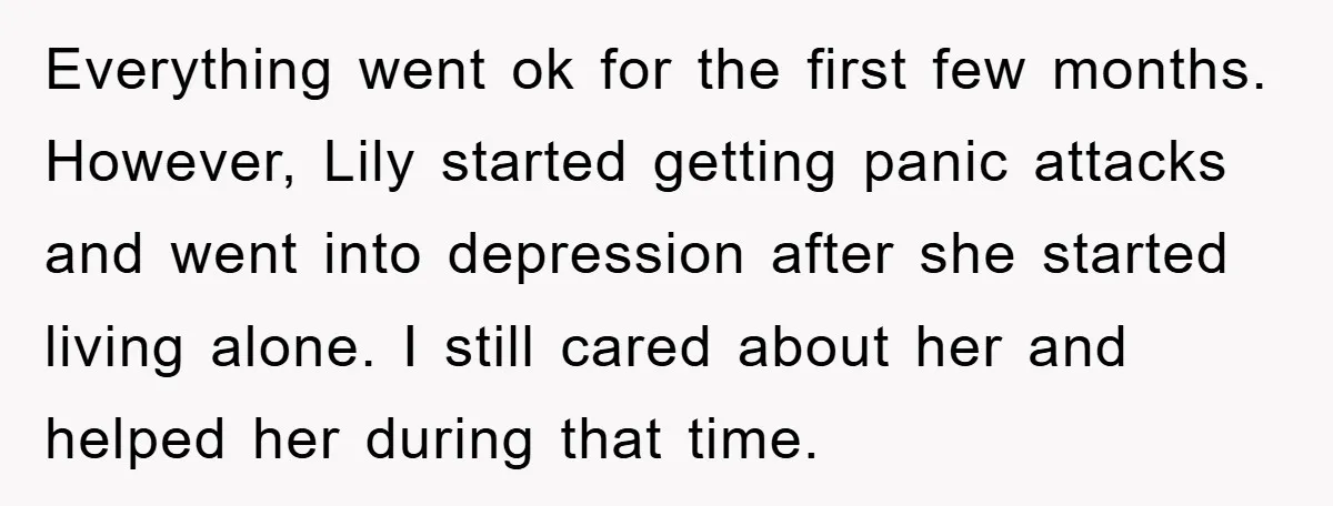 Everything went ok for the first few months. However, Lily started getting panic attacks and went into depression after she started living alone. I still cared about her and helped...