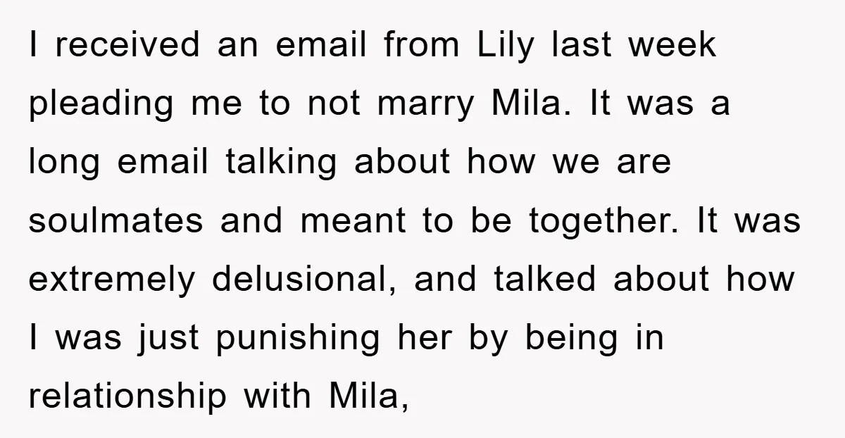 I received an email from Lily last week pleading me to not marry Mila. It was a long email talking about how we are soulmates and meant to be together....
