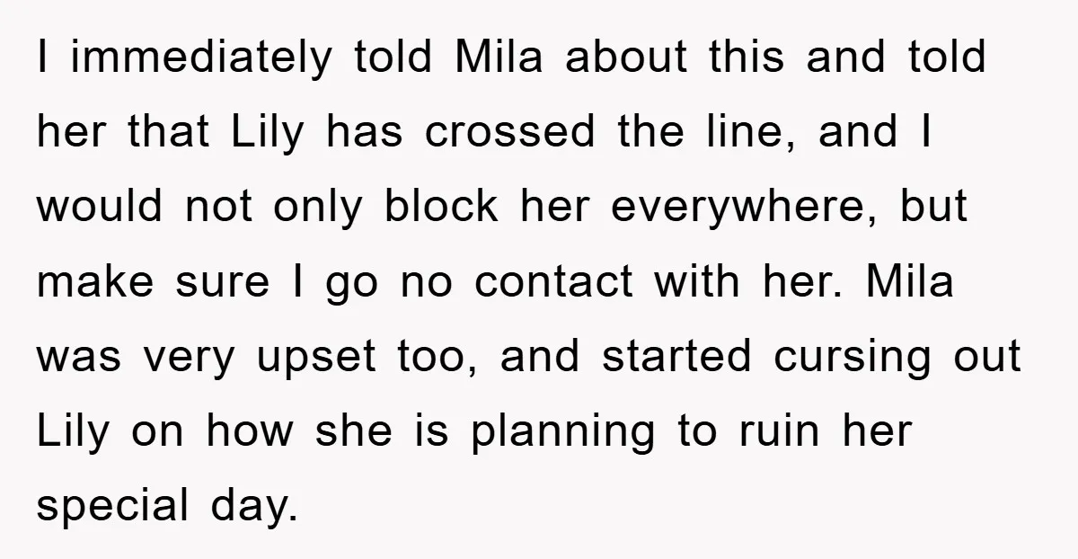 I immediately told Mila about this and told her that Lily has crossed the line, and I would not only block her everywhere, but make sure I go no contact...