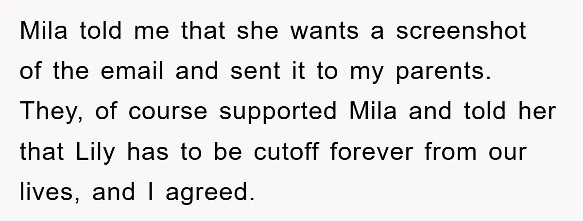 Mila told me that she wants a screenshot of the email and sent it to my parents. They, of course supported Mila and told her that Lily has to be...