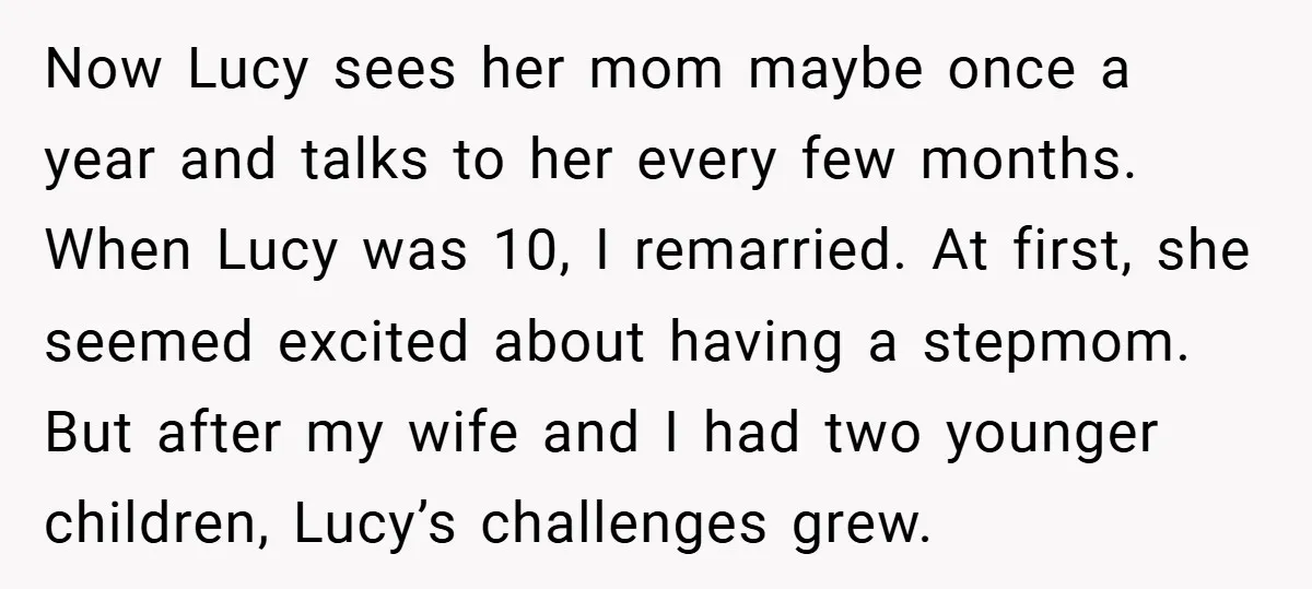 Now Lucy sees her mom maybe once a year and talks to her every few months. When Lucy was 10, I remarried. At first, she seemed excited about having a...