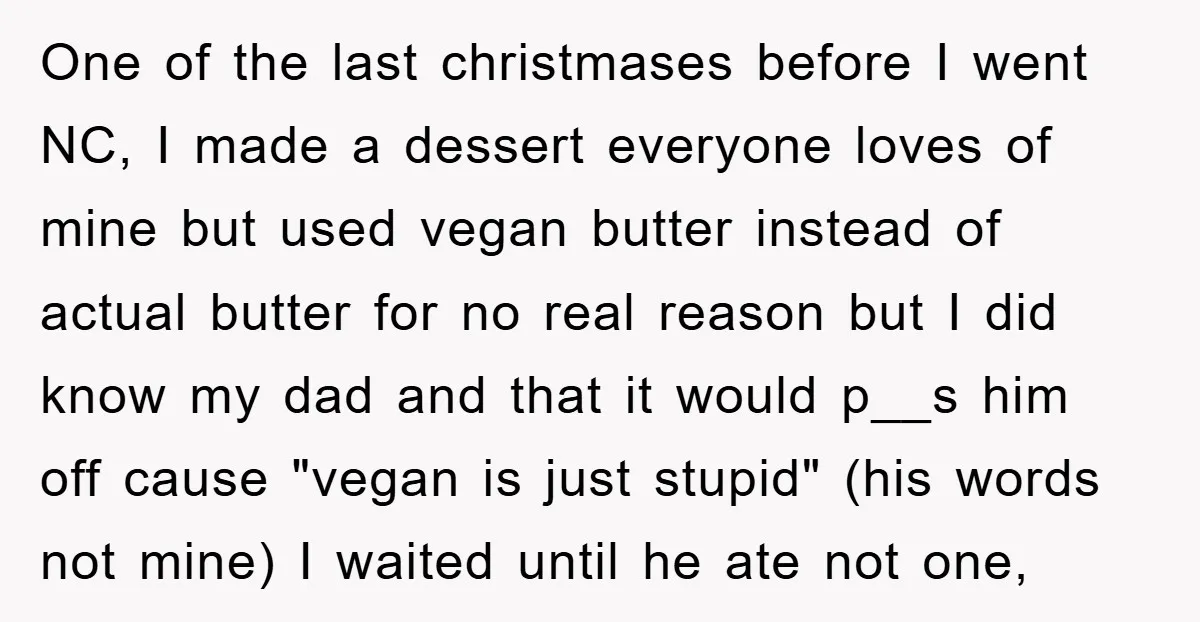 One of the last christmases before I went NC, I made a dessert everyone loves of mine but used vegan butter instead of actual butter for no real reason but...