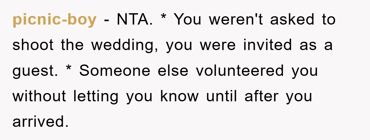 picnic-boy − NTA. * You weren't asked to shoot the wedding, you were invited as a guest. * Someone else volunteered you without letting you know until after you arrived.