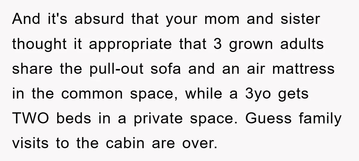 And it's absurd that your mom and sister thought it appropriate that 3 grown adults share the pull-out sofa and an air mattress in the common space, while a 3yo...