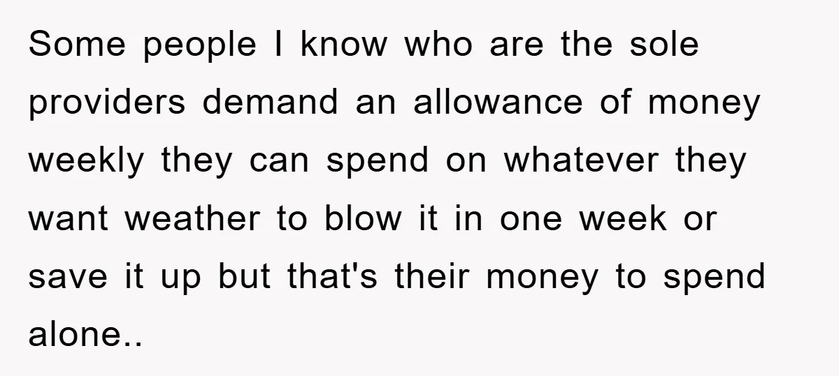 Some people I know who are the sole providers demand an allowance of money weekly they can spend on whatever they want weather to blow it in one week or...