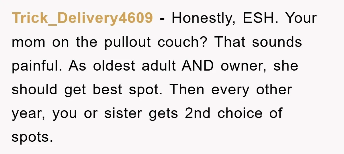Trick_Delivery4609 − Honestly, ESH. Your mom on the pullout couch? That sounds painful. As oldest adult AND owner, she should get best spot. Then every other year, you or sister...