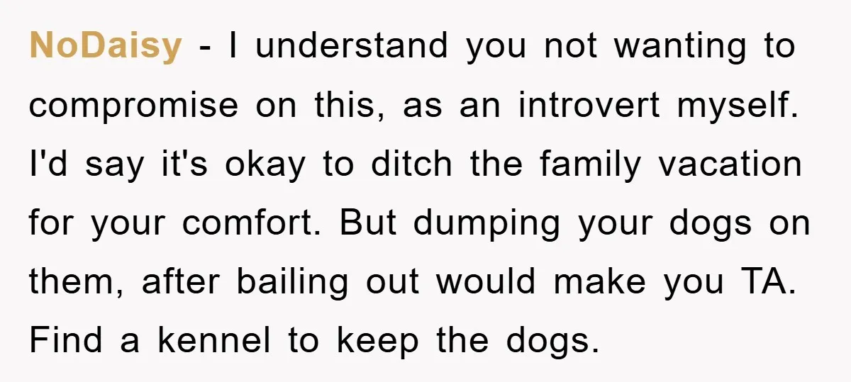 NoDaisy − I understand you not wanting to compromise on this, as an introvert myself. I'd say it's okay to ditch the family vacation for your comfort. But dumping your...
