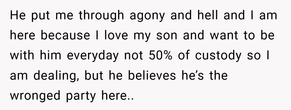 He put me through agony and hell and I am here because I love my son and want to be with him everyday not 50% of custody so I am...