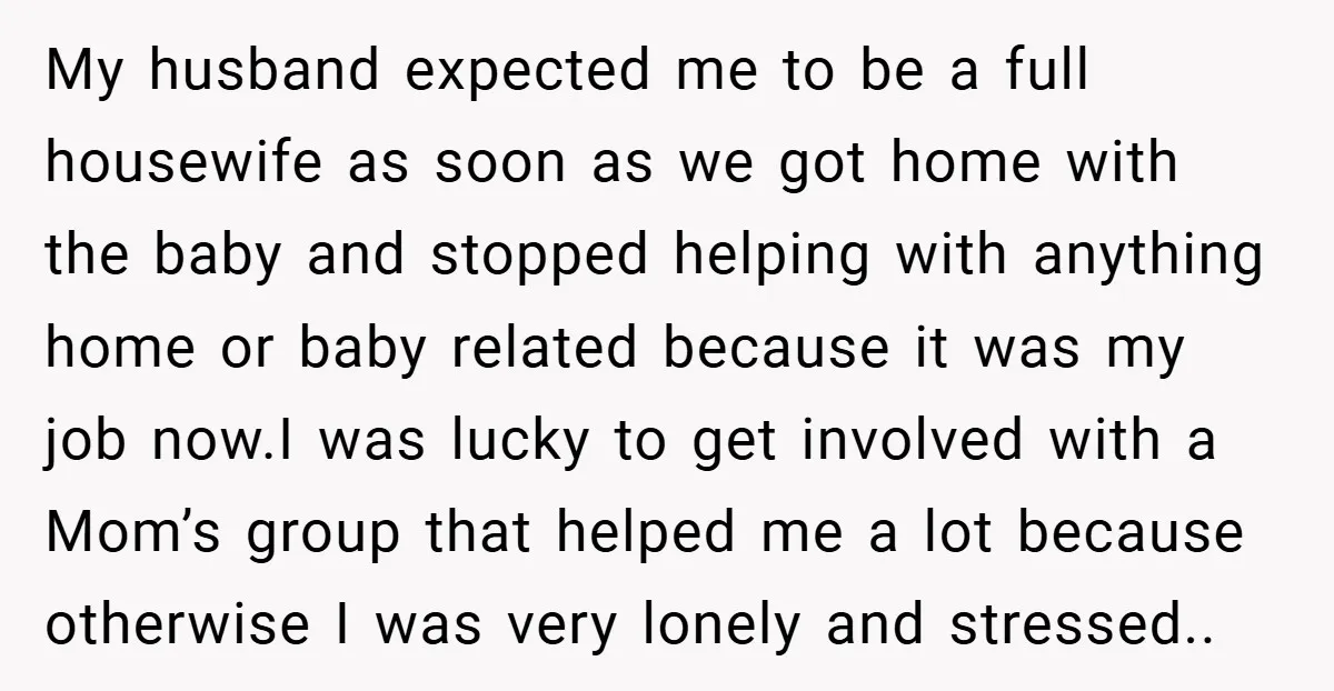 My husband expected me to be a full housewife as soon as we got home with the baby and stopped helping with anything home or baby related because it was...