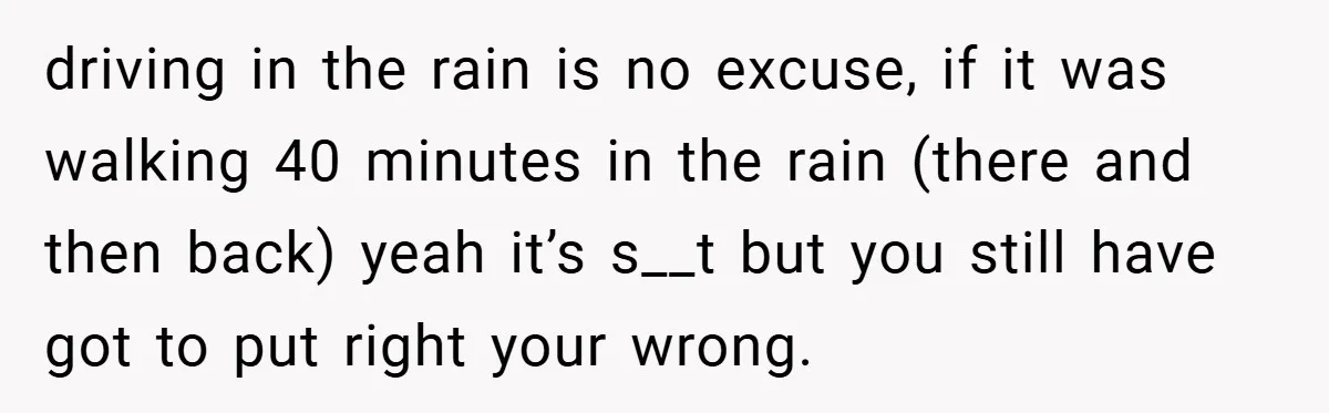 driving in the rain is no excuse, if it was walking 40 minutes in the rain (there and then back) yeah it’s s__t but you still have got to put...