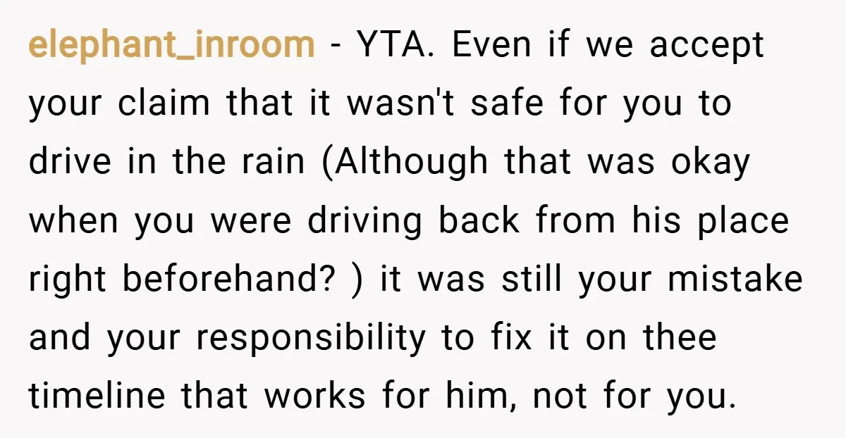 elephant_inroom − YTA. Even if we accept your claim that it wasn't safe for you to drive in the rain (Although that was okay when you were driving back from...