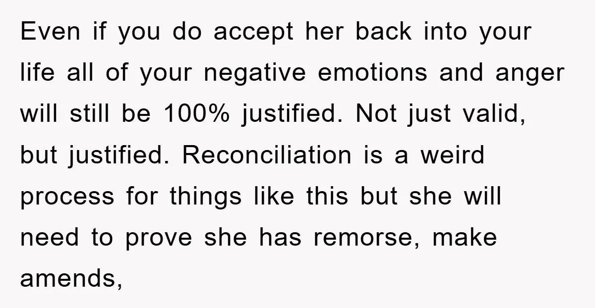 Even if you do accept her back into your life all of your negative emotions and anger will still be 100% justified. Not just valid, but justified. Reconciliation is a...