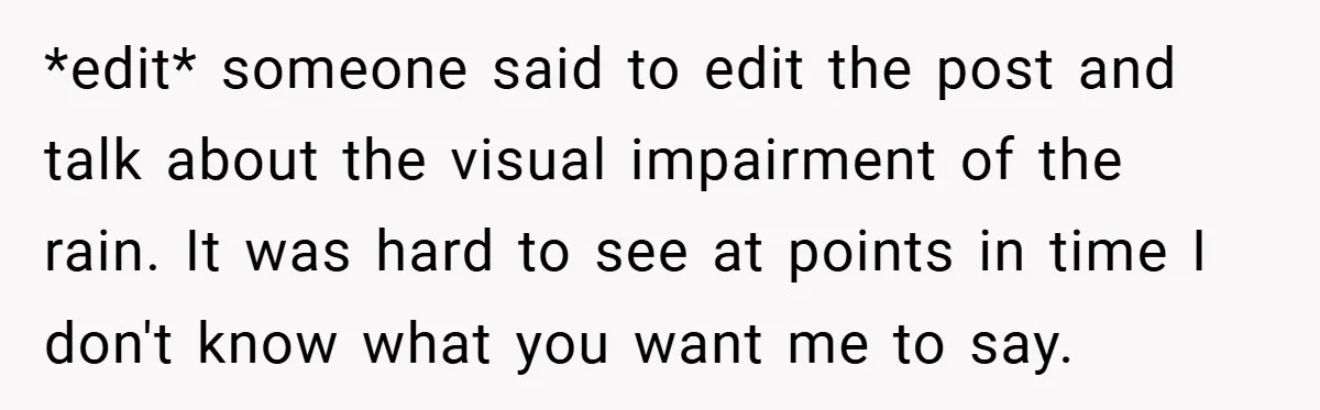 *edit* someone said to edit the post and talk about the visual impairment of the rain. It was hard to see at points in time I don't know what you...